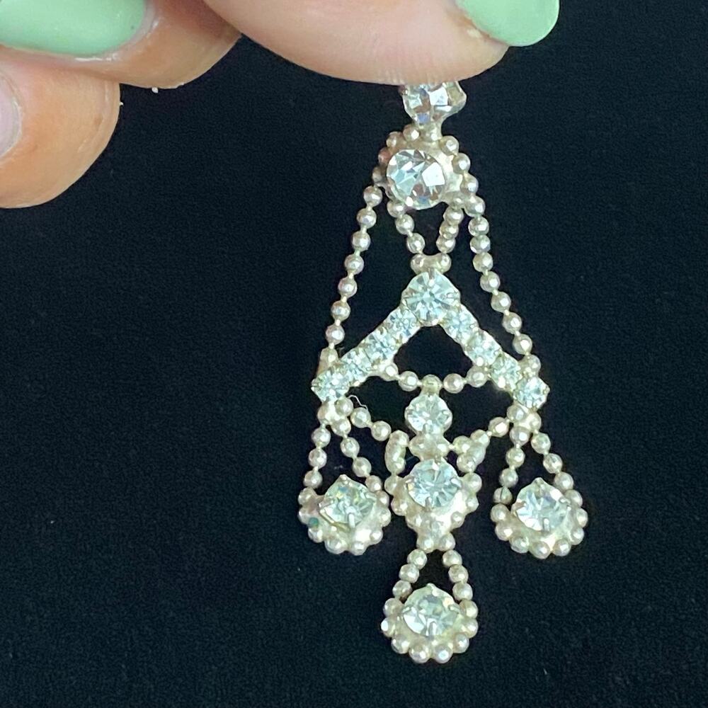 Vintage Silver Tone Clear Rhinestone Chandelier Pendant Ball Chain Drops 2.5"